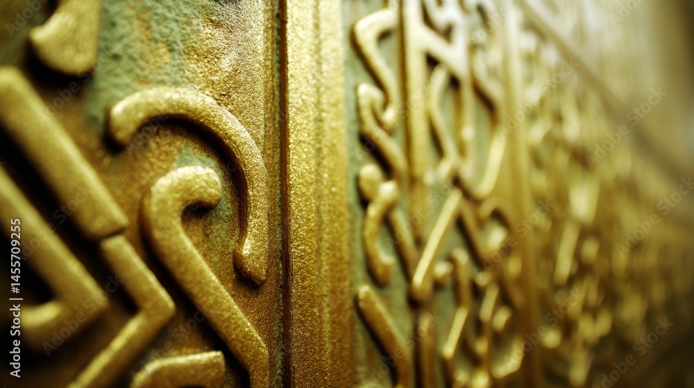 Aufkleber Side view of a detailed gold wall design showcasing intricate patterns, taken in a studio with perfect lighting, creating a luxurious feel and ample copy space
