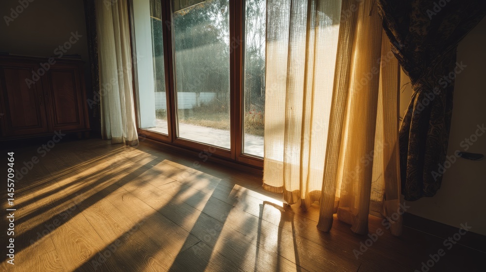 Poster soft morning light filters through translucent drapes, illuminating rustic wood floors and creating 