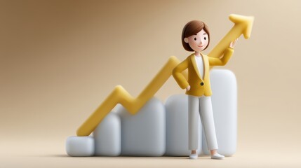 A woman in a yellow jacket stands in front of a graph with a smile on her face