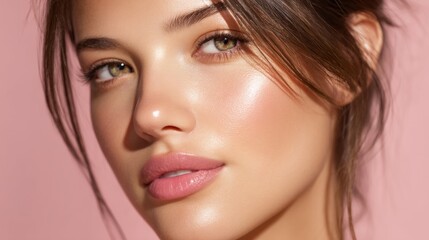 Fototapeta premium Radiant young woman with glowing skin and golden accents, embodying natural beauty and serenity 