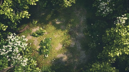 Soft Sunlight Filters Through Leaves Onto a Green Mossy Ground in a Serene Forest Glade During a Calm Early Morning