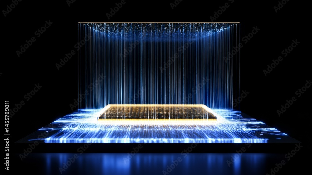 Poster high-tech microchip glowing with blue light in a futuristic setting showcasing digital technology an