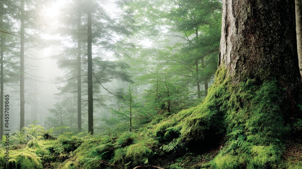 Aufkleber soft sunlight illuminates a serene forest with lush moss and ferns enveloping old tree trunks, creat