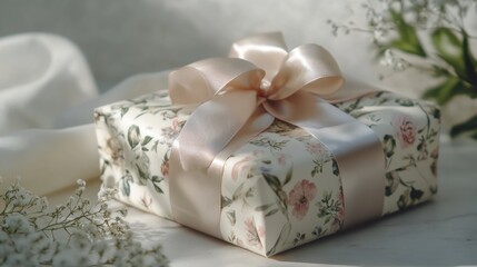 Floral gift box with satin ribbon
