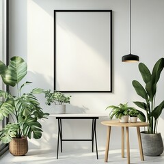 Modern Interior Design Showcasing a Minimalist Living Space With Plants and a Wooden Table in Natural Light