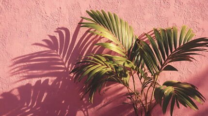 Green plant casts shadows on pink textured wall
