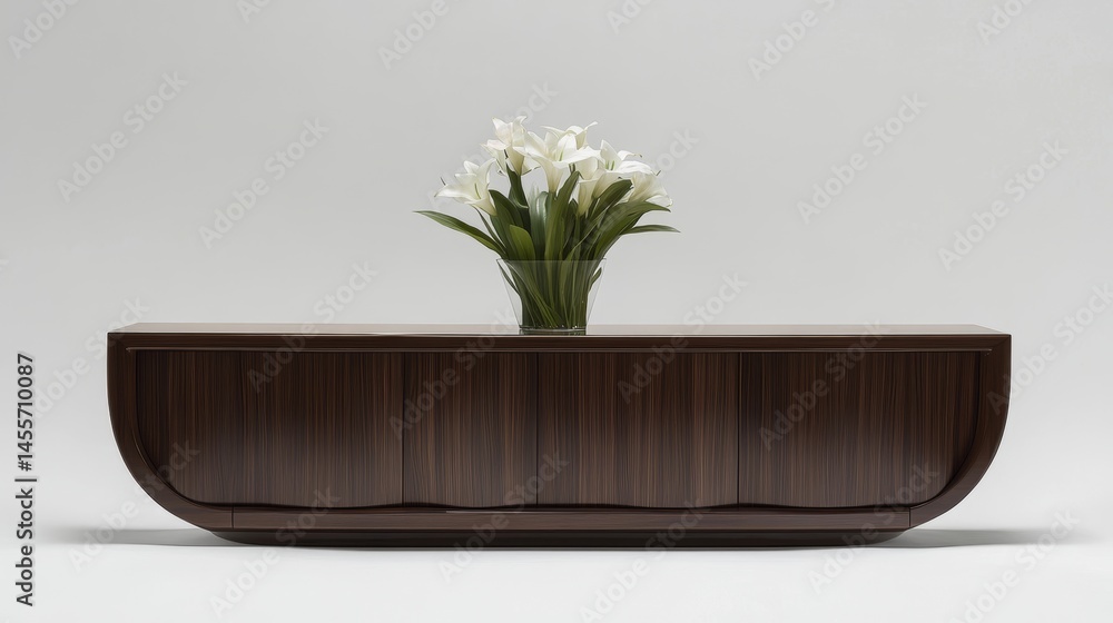 Poster modern wooden cabinet with smooth lines and a vase of white lilies arranged on top in a minimalistic