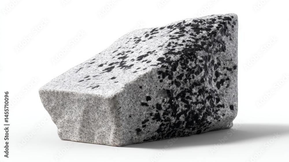 Poster a coarse granite boulder with unique irregular surfaces is centered on a seamless bright white backd