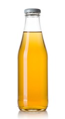 Refreshing apple juice in a sleek glass bottle, isolated on white background