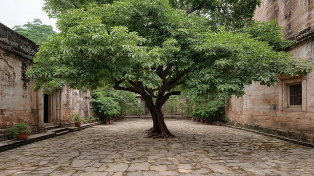 A majestic peepal tree stands tall in an ancient stone courtyard, its broad canopy and sacred presence evoking peace and reverence.

