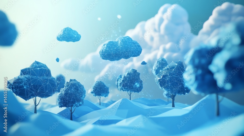 Poster digital forest landscape with interconnected blue trees and mountains showcasing a futuristic visual