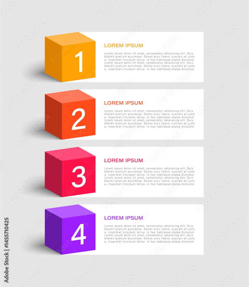 Aufkleber 3d infographic template with four steps or options. multicolored cubes with numbers and space for da
