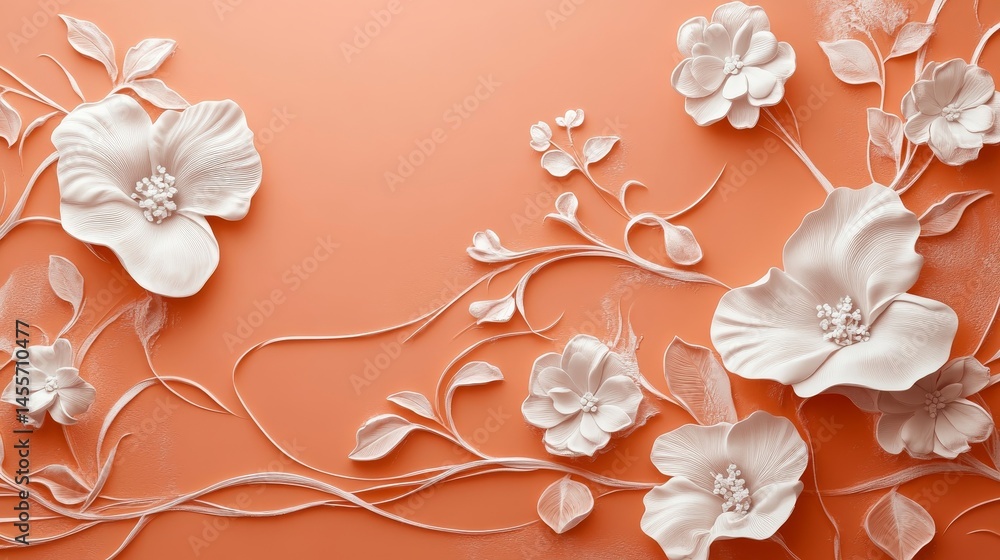 Poster delicate white floral pattern layered on a warm orange background creating a harmonious and elegant 
