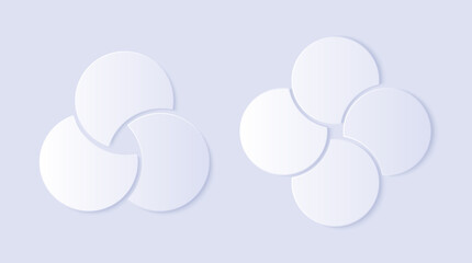 Overlapping circles infographic pie chart divided into 3 or 4 parts. Abstract geometric design