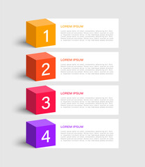 3D infographic template with four steps or options. Multicolored cubes with numbers and space for data