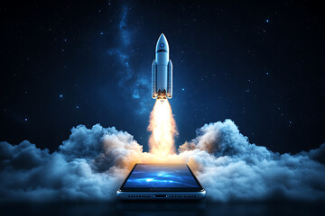 Fototapeta premium A digital rocket launching from a smartphone, symbolizing innovation and technology in space exploration