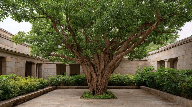 A majestic peepal tree stands tall in an ancient stone courtyard, its broad canopy and sacred presence evoking peace and reverence.
