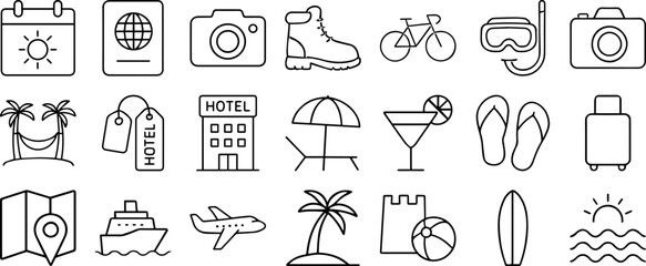Summer Vacation Editable Icons Set – Vector Illustration in Modern Thin Line Style Featuring Travel, Beach, Hotel, and Outdoor Leisure Activities