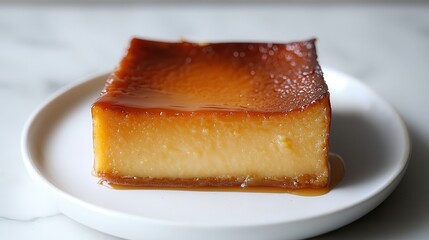 Coconut sweet desert treat Delicious caramel flan on a white plate with a glossy finish.
