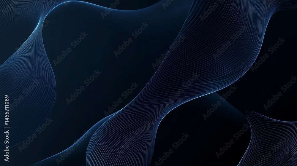 Poster flowing blue wave patterns create a surreal and calming atmosphere against a dark background, inviti