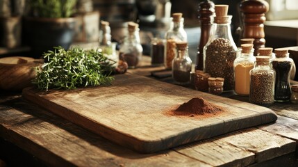 Spices and herbs on rustic wooden table