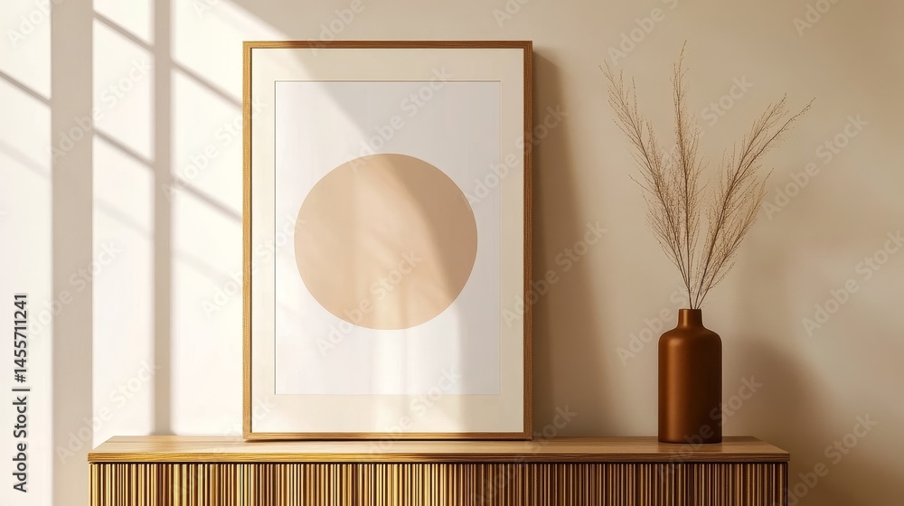 Poster modern empty frame rests on wooden console table near wall adorned with natural light and shadow pat