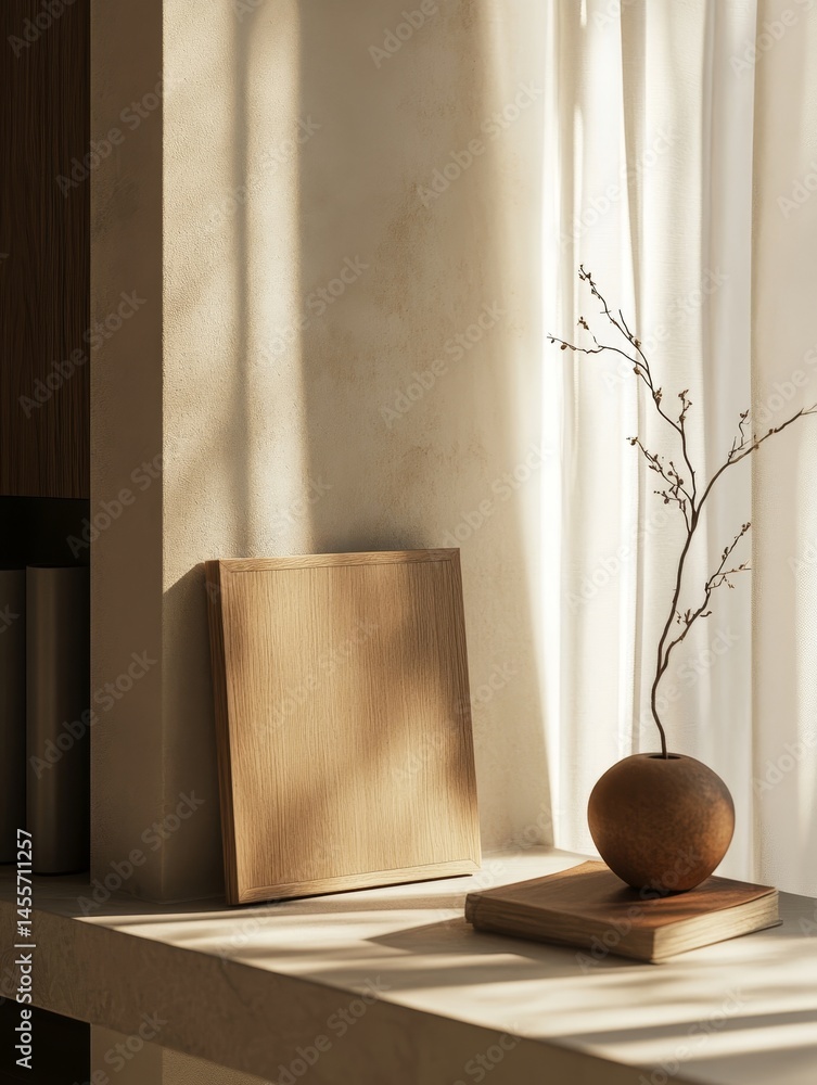 Poster sunlight illuminating a wooden frame on a minimalistic shelf with soft drapes and botanical accents 