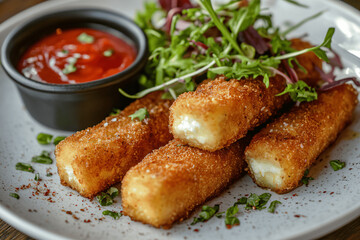 Crispy Fried Mozzarella Sticks with Ketchup – Popular Cheesy Appetizer Snack on White Plate