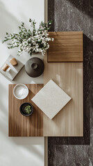 Modern flat lay of interior design materials, featuring wood, ceramic tile, marble, and decorative greenery, creating calm and natural aesthetic for home inspiration