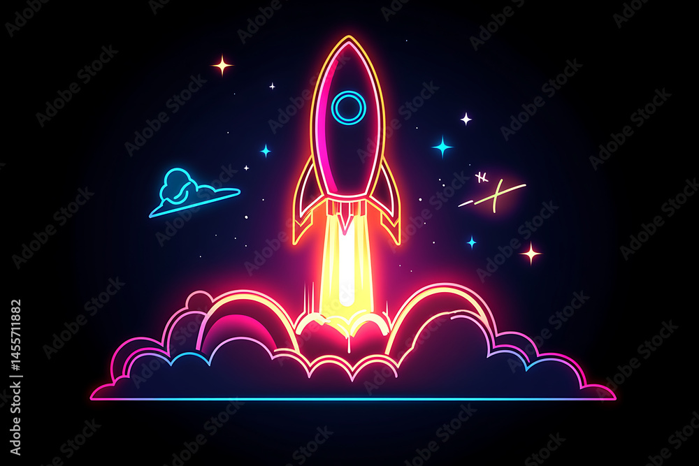 Poster neon rocket launching into space with colorful clouds and stars in a dark background