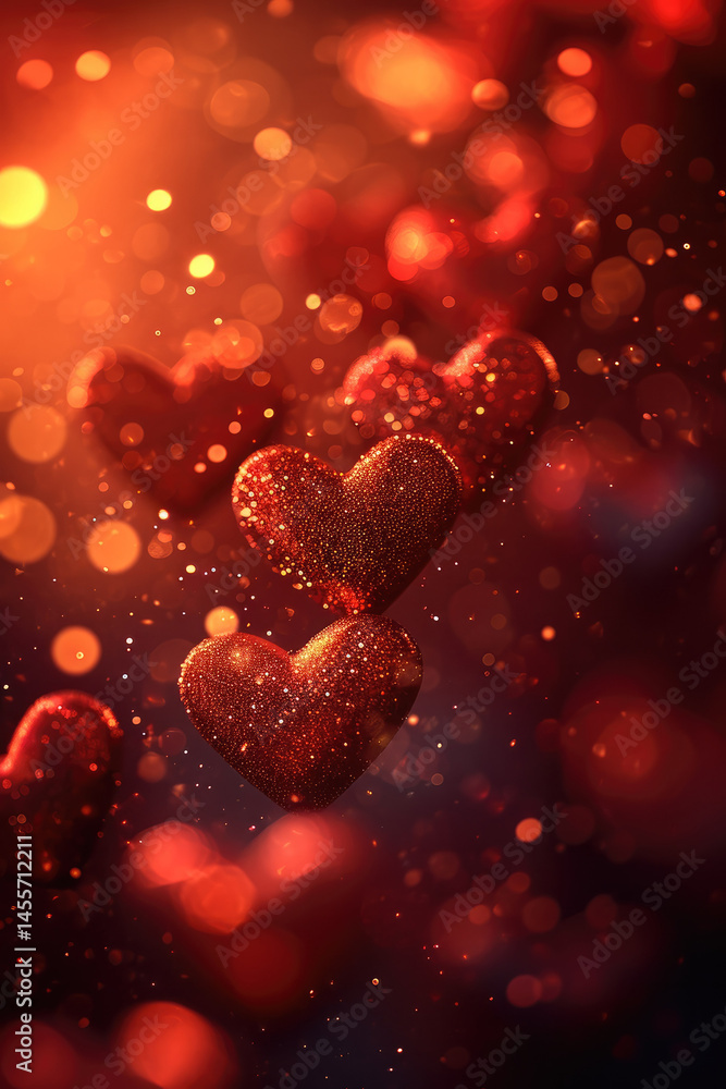 Poster Glittering red heart shapes float in dreamy, warm bokeh background, creating romantic and magical atmosphere perfect for Valentine Day celebration
