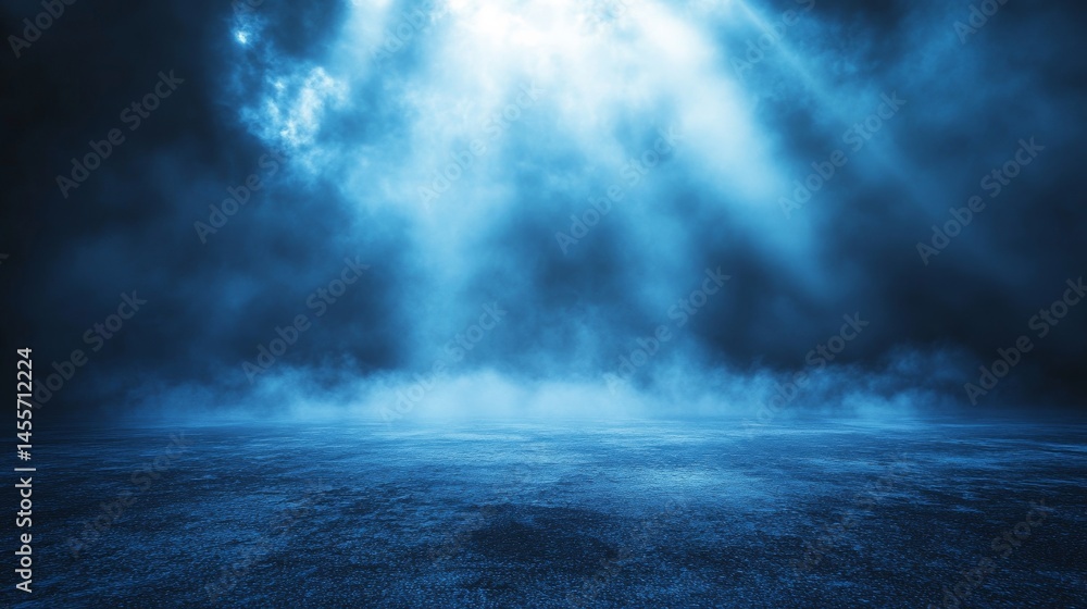 Poster mysterious dark space illuminated by beams of light with a foggy atmosphere creating an ethereal and