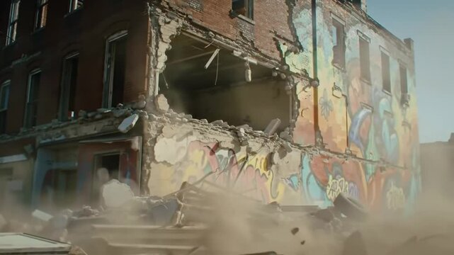 A dramatic building demolition unfolds in an urban area as bricks and debris explode outward, creating a cloud of dust against a clear sky. The graphic display emphasizes the power of demolition.