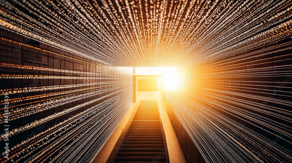 Poster a bright light at the end of a tunnel created with glowing dots and lines in a modern digital art st