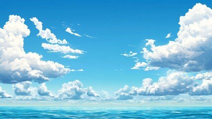 Majestic Seascape With Vibrant Blue Skies and Fluffy Clouds Over Tranquil Ocean Waters at Midday