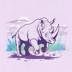 Powerful Indian Rhino Charging Across the Savanna: A Bold Illustration | Generative AI