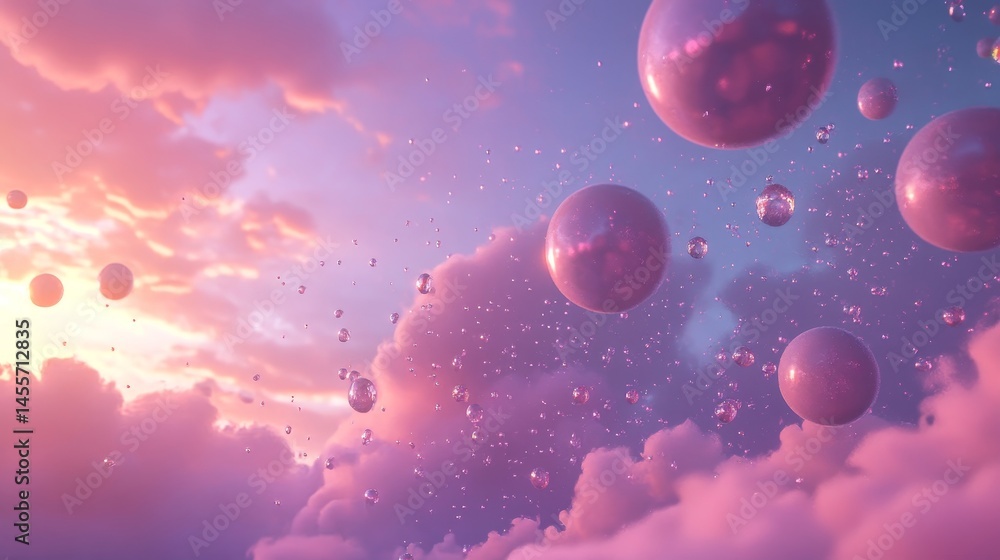 Poster digital landscape with glowing cubes and reflective surfaces in an ethereal setting at dusk