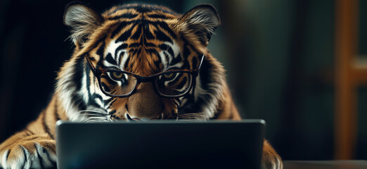 Tiger wearing glasses using laptop in a cozy indoor setting.