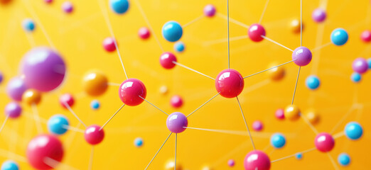 Colorful molecular structure with interconnected atoms on vibrant orange background.