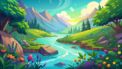 Fototapeta premium The vibrant emerald river sparkles under the midday sun, framed by wildflowers