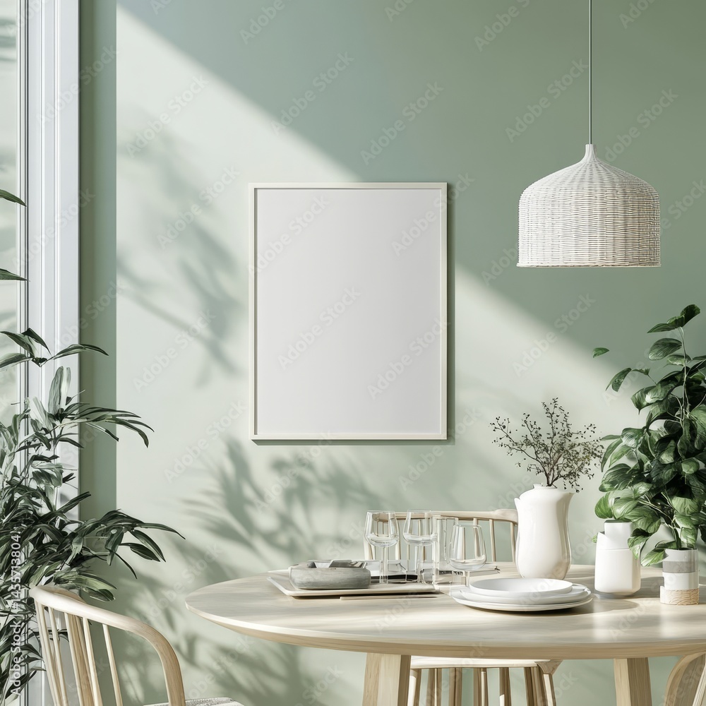 Poster dining area with natural light showcasing empty frame and elegant table setting in a contemporary gr