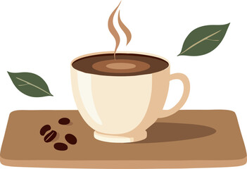 Minimalist Flat Vector of a Steaming Coffee Cup with Coffee Beans and Leaves – Modern Warm Beverage Illustration