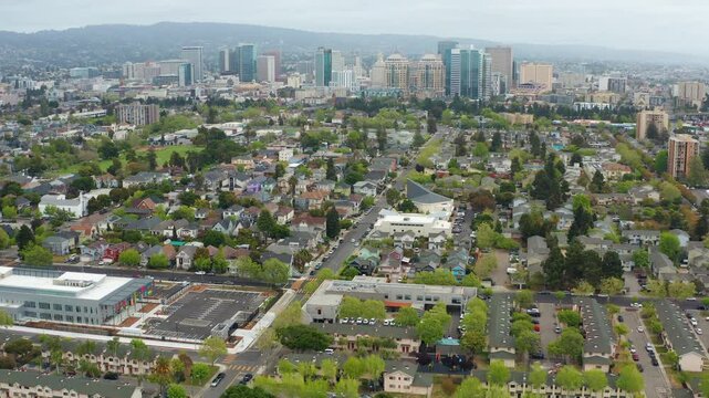 Aerial view of urban Oakland California downtown, buildings, residence, homes 06