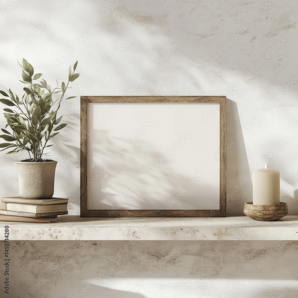 Poster elegant display of a blank frame with styled decor on a minimalist shelf in a cozy room during dayli
