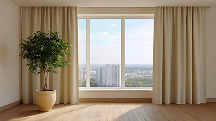 A bright modern living room with large windows showcases a stunning city view, sunlight warming the wooden floor and soft beige curtains.
