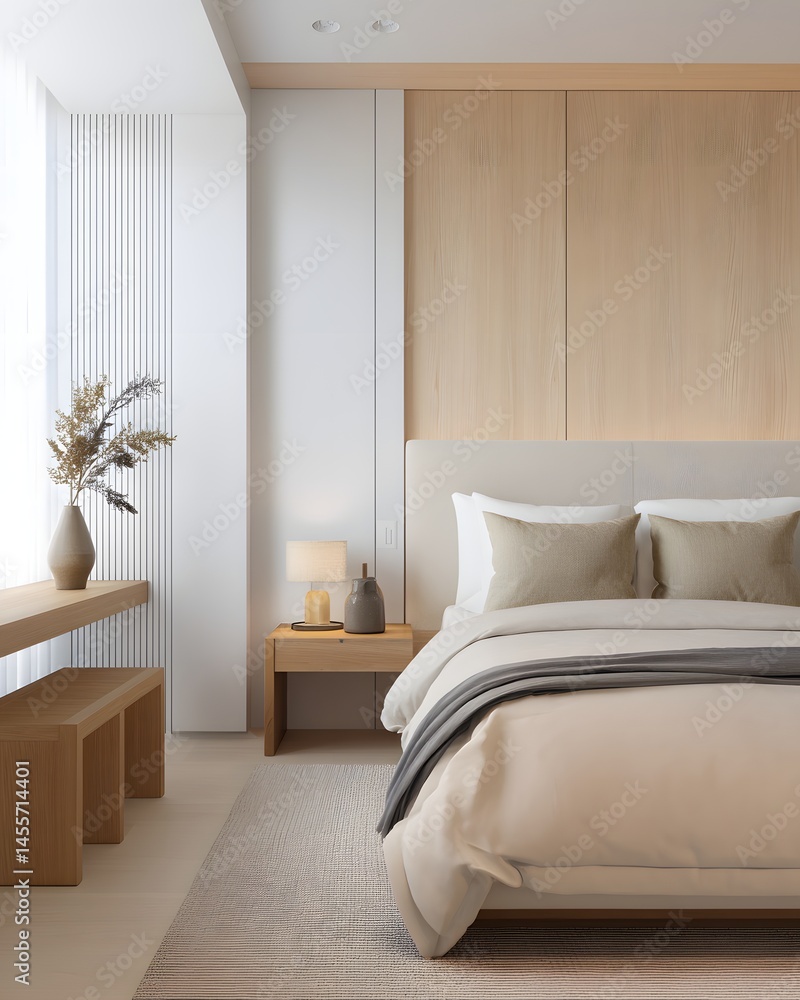 Poster creating warmth and serenity enhancing minimalist bedroom design through neutral tones and natural t