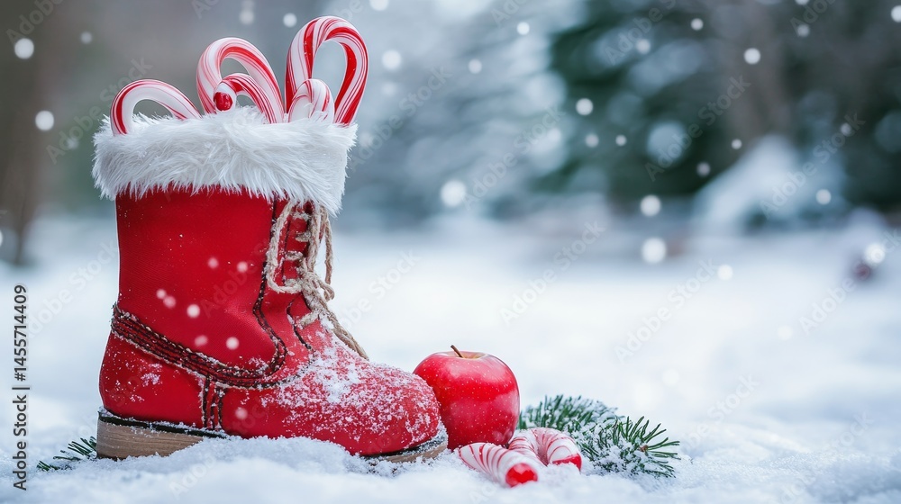 Poster red holiday boot filled with candy canes and an apple against a snowy backdrop in a festive winter s