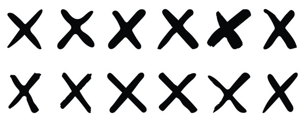 X Cross mark wrong symbol graphic design collection. black grunge X icon, grunge X icon, isolated on white background.