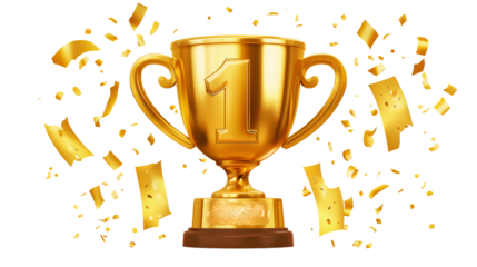 Golden trophy for first place, adorned with confetti, PNG, created with Generative AI