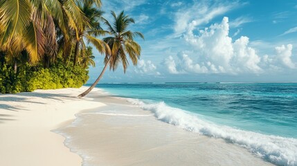 Serene Beach Landscape With Gentle Waves and Palm Trees Under a Clear Sky During the Early Morning in a Tropical Paradise
